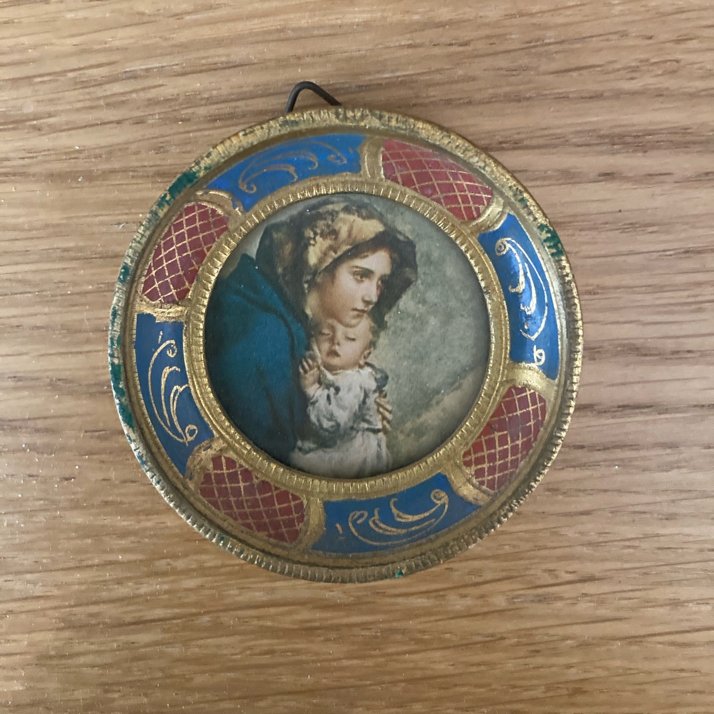 Vintage Religious Picture with Gold and Blue Accents
